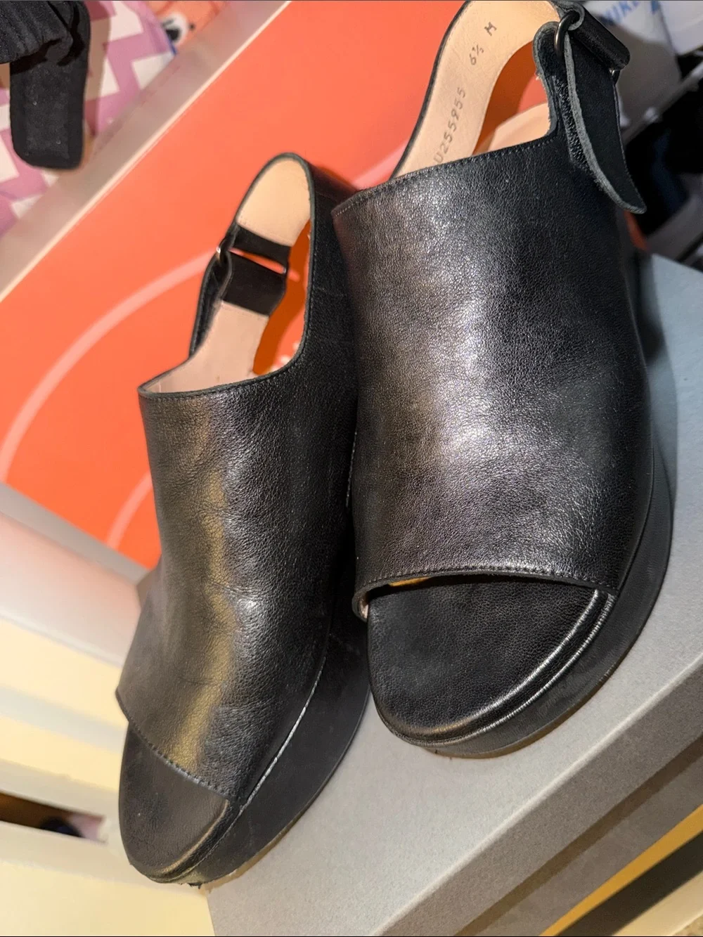 Stuart Weitzman Black Leather Platform Slingback Sandals